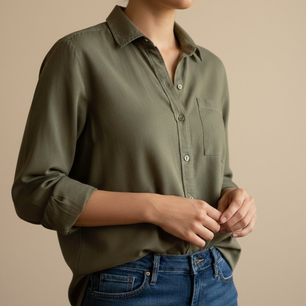 Utility Pocket Olive Green Tencel Shirt | Size M